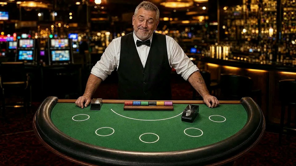 Dealer Kalle am Übungstisch der Pokerschule (mit AI erstelltes Bild)